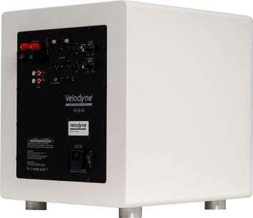 Velodyne VI-Q 10 witte subwoofer, achteraanzicht met zwart aansluitpaneel en metalen voeten