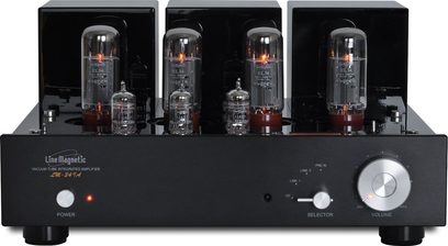 Чорний ламповий hi-fi підсилювач Line Magnetic LM-34IA, вигляд спереду, 4 підсвічені вакуумні лампи, регулятори та перемикач