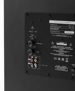 Subwoofer Elipson Premium Sub 12 v matné černé barvě, zadní pohled, kovový panel, RCA konektory, nastavení crossoveru, úrovně, fáze a výkonu