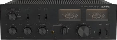 Integrovaný stereo hi-fi zesilovač Unitra WSH-805 černý, přední panel s kartáčovaným kovem, pohled zepředu, dva VU metry, ovládací tlačítka, výstup pro sluchátka