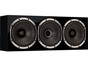 Centrale Fyne Audio F500S LCR nero laccato, tre altoparlanti circolari, cornici metalliche, vista frontale