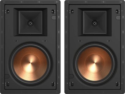 Set aus zwei schwarzen Klipsch PRO-18-RW Wandeinbaulautsprechern mit kupferfarbenen Lautsprechern und quadratischem Horn