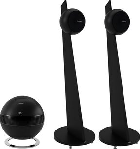 2.1-højttalerpakke Cabasse Riga 2 mat sort med to satellitter på fod og sfærisk subwoofer The Pearl Sub mat sort