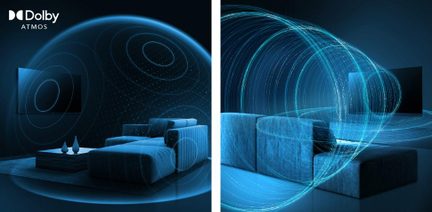 Assembly of two diagonal perspective views of a blue living room with a modular fabric sofa, coffee table, and flat-screen TV, all wrapped in blue concentric holographic waves illustrating the sound effect