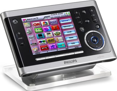 Philips Pronto TSU9600 sølvfarvet universal fjernbetjening med farvetouchskærm, der viser TV-applikationsikoner
