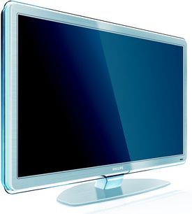 Philips 42PFL9803H fladskærms-TV i mørkeblå, frontvisning, på gennemsigtig fod, med smal sølvfarvet ramme