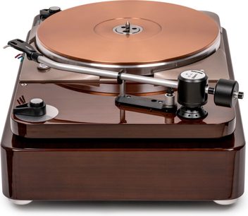 Gramofon Thorens TD 124 DD EXCLUSIVE ořech, dřevěné šasi z lakovaného ořechu, měděný talíř, stříbrné raménko, pohled zepředu v úhlu 3/4