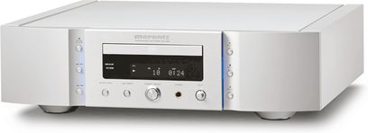 Marantz SA-15S2 sølvfarvet CD-afspiller set forfra, digitalt display, knapper og kontrolhjul, metalfacade og -kabinet