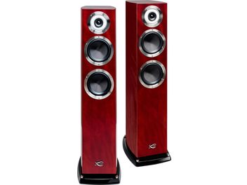 Altavoces de columna Cabasse Murano Alto caoba brillante, vista frontal, 3 altavoces circulares, base negra, logotipo plateado
