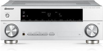 Front view of the Pioneer VSX-820 home theater receiver, silver front panel with LCD screen, buttons and knobs, two headphone jacks on the front