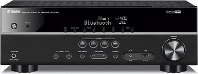 Yamaha RX-V381 Schwarz Heimkino-Verstärker, Frontansicht, Tasten und Anschlüsse, blaue LED-Anzeige, Kopfhörerbuchse