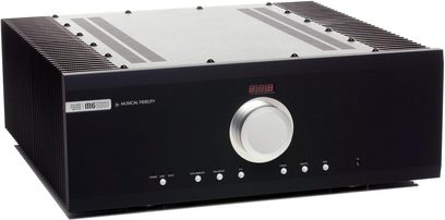 Musical Fidelity M6si500 sort stereo hi-fi integreret forstærker med frontpanel med en stor central knap og 8 mindre knapper