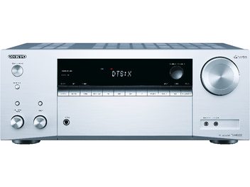 Onkyo TX-NR555 sølvfarvet hjemmebiograf-forstærker, set forfra, DTS:X-display, kontrol-knapper og -hjul, hovedtelefonstik