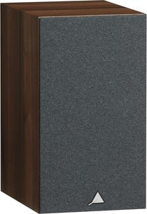 Vernetzter Lautsprecher Triangle Elara LN-01A kastanienbraun, Vorderansicht mit grauem Gitter und Gehäuse in dunkler Holzoptik