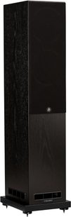 Diffusore da pavimento Fyne Audio F501S, legno nero venato, griglia, condotti reflex frontale e laterale sinistro, base con punte, vista 3/4 frontale