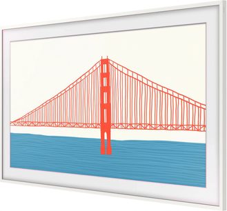 Samsung The Frame 55 inch witte tv-lijst, zijaanzicht, weergave van gestileerde rode brug boven blauwe zee