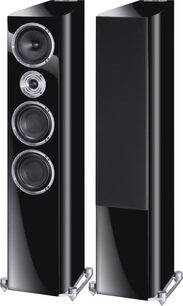 Heco Celan Revolution 7 sorte højtalere i lakeret kabinet, set forfra, 4 højttalere, diskant, mellemtone, 2 basenheder