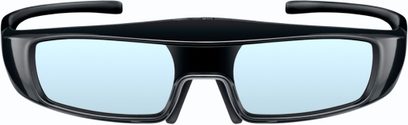 Dobíjecí 3D brýle Panasonic TY-ER3D4SE, černý rámeček, světle modré obdélníkové čočky, široké nožičky, pohled zepředu