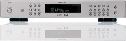 Rotel RT-06 tuner, forside med LCD-display, kontrolknapper og -hjul, USB-porte og hovedtelefonstik på forsiden