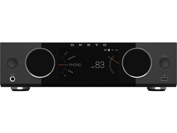 Svart Onkyo Y-40 stereoforsterker, frontvisning, midtstilt skjerm med PHONO, to store runde knotter, hodetelefonutgang og USB-port