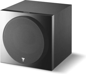 Focal SUB 1000 F sort baskabin, trekvartsforsidefremvisning, kubisk form, mat sort finish, cirkulær højttaler