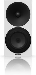 Caixa acústica de estante Amphion Argon 1 preta e branca, vista frontal, alto-falante redondo preto, tweeter redondo preto menor acima
