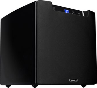 Velodyne SPL-800U sort subwoofer set forfra, blåt display, kontrolknapper