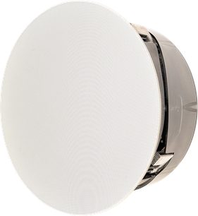 Cassa acustica da incasso a soffitto P80-SM v2, vista angolare, faccia circolare bianca perforata, lato grigio con componenti interni visibili