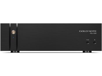 Hi-fi-virtalähde Gold Note PSU-1000, musta, harjattu alumiinietupaneeli kultaisella logolla, sininen LED ja vaihe- sekä virtapainikkeet