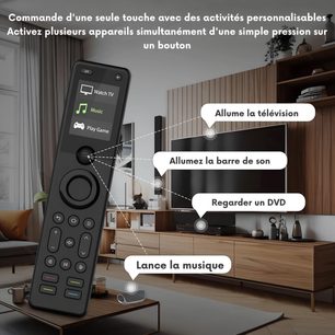 Mando a distancia hi-fi Sofabaton X1 negro con pantalla a color y botones retroiluminados, delante de un salón multimedia