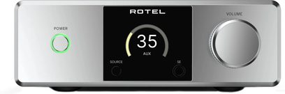 Integrert hi-fi stereoforsterker Rotel DX-5 i sølv, kabinett i børstet aluminium, frontvisning med svart sentralskjerm med digital indikator, strømbryter med grønn LED-ring til venstre og stort sølvfarget volumhjul til høyre