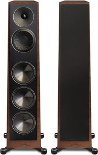 Paradigm Founder 100F floor-standing speakers in walnut, front and rear view, 4 speakers, tweeter, dark wood finish