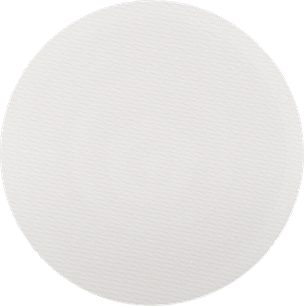 Ceiling-mounted P65-RX v2 speaker with white perforated circular grille, front view, minimalist and discreet design