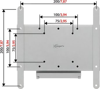 Grå metalvægholder til TV fra Vogel's VFW 132 med 9 monteringshuller og dimensioner i mm: 200/7,87, 100/3,94 og 75/2,95