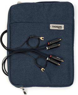 Cavo phono Thorens PhonoConnect PHC 150 RCA-RCA 1,5 m nero con guaina intrecciata in nylon, connettori RCA maschio metallici dorati con anelli di identificazione rosso e bianco e capicorda a forcella, vista dall’alto