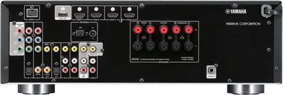 Yamaha RX-V471 sort hjemmebiografsforstærker, frontpanel med audio/video-tilslutninger, knapper og drejeknapper til justering