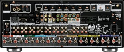 Marantz SR7013 Silber-Gold Heimkino-Verstärker, Frontansicht, zahlreiche Anschlüsse und Tasten an der Vorderseite