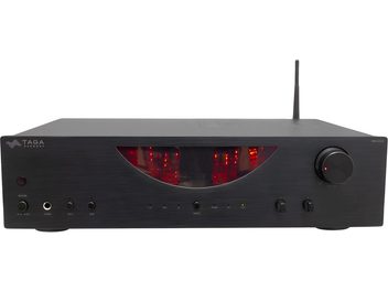 Taga Harmony HTA-800B fekete sztereó hi-fi erősítő, előlről nézve, piros LED kijelzővel, gombokkal és csatlakozókkal az előpaneljén
