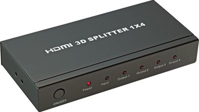 Lindy 38058 3D HDMI-splitter 1x4, sort kabinet, 1 HDMI-indgang, 4 HDMI-udgange, 1 strømport, set forfra