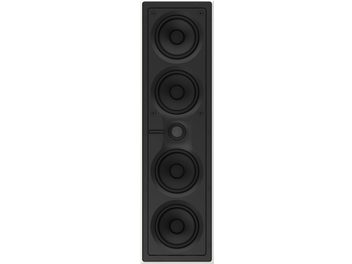 Zástěnný reproduktor Bowers & Wilkins CWM7.4 S2 v černé barvě, pohled zepředu, se 4 kruhovými reproduktory uspořádanými vertikálně