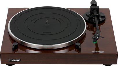 Hi-fi turntable TD 202 walnut with black circular platter, metallic edge, black tonearm, walnut finish base
