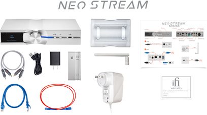 iFi Audio Neo Stream netværksaudioafspiller, eksploderet visning af komponenter og inkluderet tilbehør, på hvid baggrund