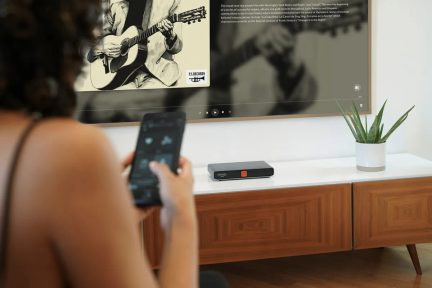 Person, der holder en sløret smartphone, træmøbel, grøn plante i hvid potte, sort Primo-enhed, vægmonteret skærm med billede af guitar