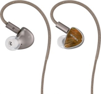 Grijze Sivga Lyrebird in-ear oordopjes, bruin en groen geaderde frontjes, gevlochten kabel en transparante oortips