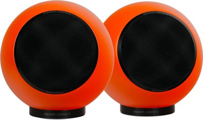 Set mit 2 Elipson Planet L Performance Regallautsprechern in mattem Orange mit kugelförmigem Design und schwarzem Frontgitter