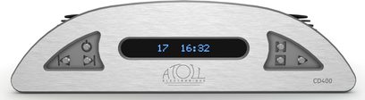 Atoll Electronique CD400 sølvfarvet CD-afspiller, frontvisning, blå skærm, børstet frontpanel med trekantede knapper