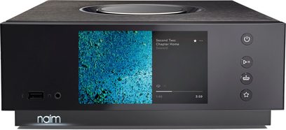 Naim Uniti Atom HDMI sort hi-fi stereforstærker, frontvisning, skærm der viser et blåt billede, knapper og drejeknap på toppen