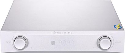Integrierter Stereo-Verstärker Nuprime IDA-9 in Silber, Aluminiumgehäuse, Frontansicht, zwei große Drehknöpfe und zentrales Punktmatrix-Display