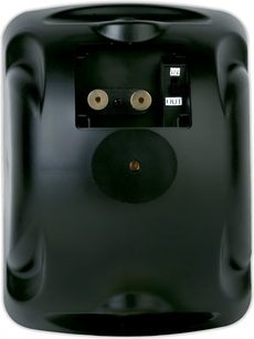 Sort ArtSound ASW55.2 udendørshøjttaler set bagfra med terminaler og in/out-afbryder