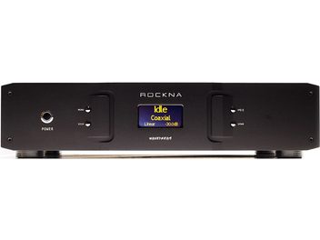 Rockna Wavedream audio DAC-konverter, frontvisning, blå skærm "Idle Coaxial", sorte knapper og stik